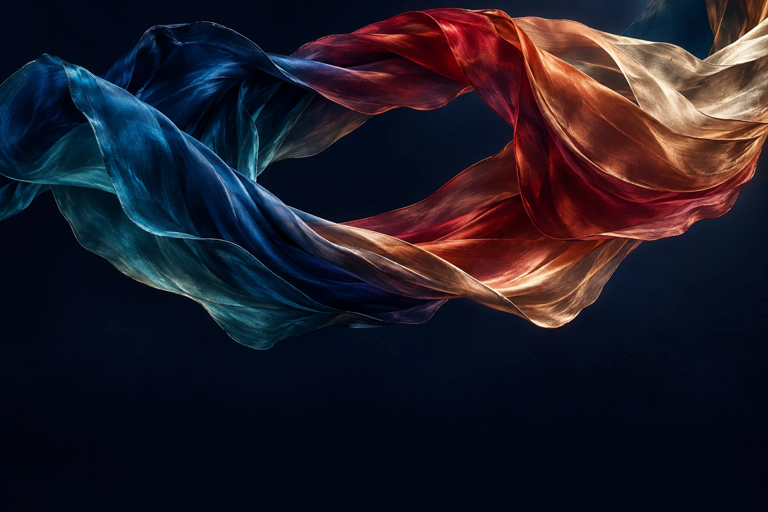 Sculptural flowing textile in cobalt, ruby and copper